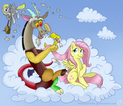 Size: 900x771 | Tagged: safe, artist:swanlullaby, derpy hooves, discord, fluttershy, pegasus, pony, g4, bag, brush, brushie, brushing, cloud, cloudy, female, flying, letter, mail, mailbag, mailmare, mailpony, male, mare, muffin, ship:discoshy, shipping, straight