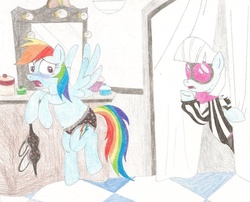 Size: 994x804 | Tagged: source needed, safe, artist:wjmmovieman, photo finish, rainbow dash, pegasus, pony, g4, belly button, bra, changing clothes, clothes, curious, dressing room, embarrassed, embarrassed underwear exposure, female, frilly underwear, humiliation, oops, panties, polka dot underwear, topless, traditional art, underwear, we don't normally wear clothes