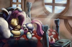 Size: 1580x1040 | Tagged: safe, artist:viwrastupr, fluttershy, pegasus, pony, g4, bed, bunny ears, clothes, cute, dangerous mission outfit, eyes closed, female, hoodie, hug, mare, smiling, solo, toy