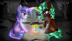 Size: 1570x898 | Tagged: safe, artist:equie, twilight sparkle, oc, oc:equie, g4, horn, horns are touching, magic, sitting