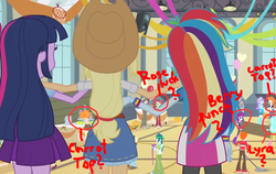 Size: 1066x675 | Tagged: safe, edit, edited screencap, screencap, applejack, aqua blossom, captain planet, golden hazel, heath burns, mystery mint, normal norman, paisley, rainbow dash, rose heart, scribble dee, thunderbass, twilight sparkle, valhallen, human, equestria girls, g4, my little pony equestria girls, applejack's hat, background character, background human, background pony, balloon, bandana, basketball net, beanie, cleaning, clothes, cowboy hat, female, hat, implied berry punch, implied berryshine, implied carrot top, implied golden harvest, implied lyra, implied roseluck, male, mop, plate, red circle, scarf, shirt, shoes, skirt, table