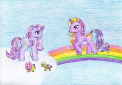 Size: 1024x714 | Tagged: safe, artist:normaleeinsane, daisy dreams, rainbow flash (g4), earth pony, pony, unicorn, g4, looking at each other, looking at someone, rainbow, traditional art