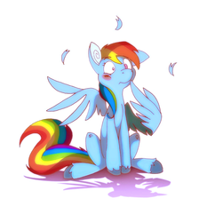 Size: 800x860 | Tagged: dead source, safe, artist:science fox, rainbow dash, pegasus, pony, g4, blushing, feather, female, shadow, simple background, sitting, solo, white background, wing gesture, wingboner