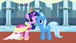 Size: 1920x1080 | Tagged: safe, artist:navitaserussirus, trixie, twilight sparkle, alicorn, pony, unicorn, g4, big crown thingy, blushing, clothes, coronation dress, cute, dress, element of magic, female, jewelry, lesbian, mare, nuzzling, regalia, ship:twixie, shipping, twilight sparkle (alicorn)