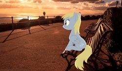 Size: 1024x600 | Tagged: safe, artist:gigasparkle, derpy hooves, pegasus, pony, g4, female, mare, ponies in real life, sitting, solo, sunset