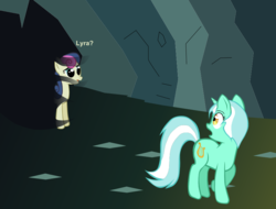 Size: 862x654 | Tagged: safe, artist:bgkyouhen, bon bon, lyra heartstrings, sweetie drops, earth pony, pony, unicorn, g4, cave, duo, female, greek mythology, horrified, lesbian, looking back, oh crap, oh no, orpheus, scared, shadow, ship:lyrabon, shipping, tearjerker, this will end in tears, wide eyes