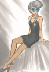 Size: 436x642 | Tagged: safe, artist:johnjoseco, artist:rainygami, silver spoon, human, g4, adult, clothes, glasses, high heels, humanized, jewelry, looking away, older, older silver spoon, pantyhose, shoes, skinny, solo, strapless, thin