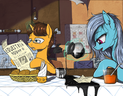 Size: 1200x942 | Tagged: safe, artist:madhotaru, doctor horse, doctor stable, screw loose, pony, g4, bed mane, bread, breakfast, coffee, drink, duo, female, glasses, magic, male, mare, morning ponies, mug, newspaper, open mouth, orange juice, paper boat, papercraft, stallion