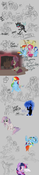 Size: 2000x8778 | Tagged: safe, artist:xenon, angel bunny, apple bloom, applejack, discord, dj pon-3, fluttershy, lyra heartstrings, minuette, nightmare moon, octavia melody, pinkie pie, princess luna, rainbow dash, rarity, scootaloo, spike, sweetie belle, twilight sparkle, vinyl scratch, oc, changeling, ghost, original species, pony, snake pony, g4, banana pony, blood, cutie mark crusaders, egg, fire, lyre, mane seven, mane six, measuring tape, musical instrument, rope, silly, silly pony, sketch dump, tongue out, upside down