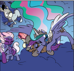 Size: 549x528 | Tagged: safe, idw, official comic, apple bloom, cheerilee, cranky doodle donkey, princess celestia, scootaloo, sweetie belle, alicorn, donkey, earth pony, pegasus, pony, unicorn, g4, spoiler:comic, spoiler:comic07, cutie mark crusaders, ethereal mane, female, filly, foal, mare, momlestia, nightmare rarity (arc), protecting