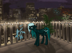 Size: 1215x894 | Tagged: dead source, safe, artist:theglassaddiction, oc, oc only, oc:glassworks, pegasus, pony, balcony, floppy ears, frown, party, solo