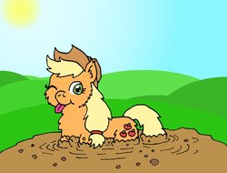 Size: 1026x778 | Tagged: safe, artist:merkleythedrunken, applejack, earth pony, pony, g4, female, fluffy, mud, silly, silly pony, solo, tongue out, wink