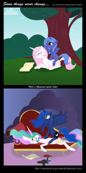 Size: 1250x2500 | Tagged: safe, artist:unknownbronynumber42, princess celestia, princess luna, alicorn, pony, g4, 2 panel comic, book, cewestia, comic, couch, eyes closed, female, filly, floppy ears, gritted teeth, ink, lying down, mare, open mouth, open smile, papyrus, pink-mane celestia, prone, s1 luna, smiling, teeth, tree, woona