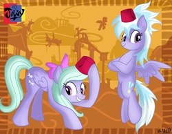 Size: 1589x1233 | Tagged: safe, artist:jowyb, cloudchaser, flitter, pony, g4, duo, fez, hat