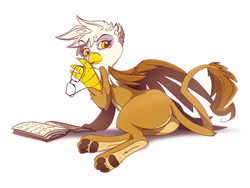 Size: 1150x865 | Tagged: safe, artist:science fox, gilda, griffon, g4, book, butt, female, glasses, looking back, on side, paw pads, paws, plot, raised paw, reading, simple background, solo, underpaw, white background