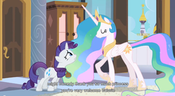 Size: 852x472 | Tagged: safe, screencap, princess celestia, rarity, alicorn, unicorn, g4, sweet and elite, cabinet, canterlot, canterlot castle, chestplate, crown, duo, duo female, eyes closed, female, jewelry, looking up, mare, raised hoof, regalia, youtube caption