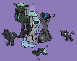 Size: 675x538 | Tagged: safe, artist:duskydreams, queen chrysalis, oc, oc:dusky dreams, changeling, changepony, hybrid, nymph, pegasus, pony, g4, eyes closed, facehoof, on side, question mark, sitting, smiling, wings
