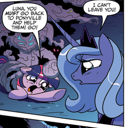 Size: 432x445 | Tagged: safe, idw, official comic, princess luna, twilight sparkle, nightmare forces, pony, unicorn, g4, spoiler:comic, female, mare, nightmare creature, s1 luna, unnamed character, unnamed nightmare forces