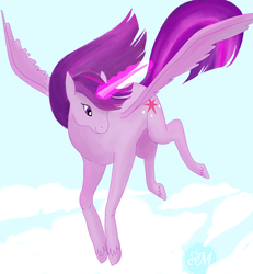 Size: 600x650 | Tagged: safe, artist:emimichelle, twilight sparkle, alicorn, pony, g4, female, flying, mare, solo, twilight sparkle (alicorn)