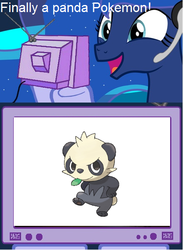 Size: 440x601 | Tagged: safe, princess luna, pancham, panda, g4, arial, exploitable meme, happy, pokémon, pokémon x and y, tv meme, yamchan