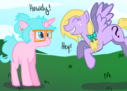 Size: 600x429 | Tagged: safe, artist:emimichelle, oc, oc only, pegasus, pony, unicorn, bow, female, friends, glasses, mare