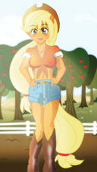 Size: 1000x1778 | Tagged: safe, artist:ruhisu, applejack, earth pony, anthro, g4, ambiguous facial structure, belly button, clothes, daisy dukes, female, front knot midriff, midriff, solo