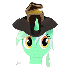 Size: 800x800 | Tagged: safe, artist:kasaler, lyra heartstrings, pony, unicorn, g4, bust, chest, female, hat, mare, pirate, pirate hat, portrait, simple background, smiling, solo, team fortress 2, treasure chest, tricorne, white background
