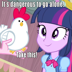 Size: 700x700 | Tagged: safe, edit, edited edit, edited screencap, screencap, pinkie pie, twilight sparkle, chicken, equestria girls, g4, my little pony equestria girls, caption, cucco, disembodied hand, hand, image macro, it's dangerous to go alone, meme, offscreen character, text, the legend of zelda