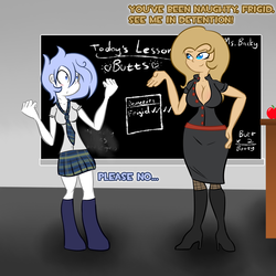 Size: 1400x1400 | Tagged: safe, artist:penguinpotential, artist:slavedemorto, oc, oc only, oc:backy, oc:frigid drift, equestria girls, g4, buttology, chalkboard, classroom, cleavage, equestria girls-ified, female