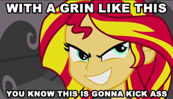 Size: 590x337 | Tagged: safe, edit, edited screencap, screencap, sunset shimmer, equestria girls, g4, my little pony equestria girls, evil grin, female, grin, image macro, solo