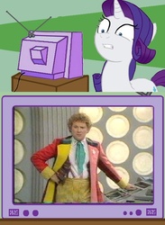 Size: 563x771 | Tagged: safe, rarity, g4, colin baker, doctor who, exploitable meme, fashion disaster, meme, sixth doctor, tacky, the explosion in a rainbow factory, tv meme