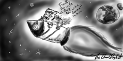 Size: 1366x685 | Tagged: safe, artist:theclouddistrict, fluffy pony, pegasus, pony, crying, monochrome, rocket, solo, space