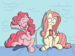 Size: 2141x1600 | Tagged: safe, artist:docwario, fluttershy, pinkie pie, pony, g4, earbuds, mp3 player, music, sharing headphones