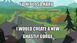 Size: 960x540 | Tagged: safe, edit, edited screencap, screencap, rainbow dash, g4, may the best pet win, season 2, caption, ghastly gorge, gorge, i'd fuck it, innuendo, scenery, text