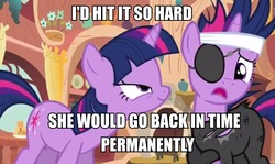 Size: 960x571 | Tagged: safe, edit, edited screencap, screencap, twilight sparkle, pony, unicorn, g4, it's about time, caption, eyepatch, female, future twilight, i'd fuck it, implied selfcest, innuendo, mare, text