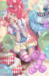 Size: 792x1224 | Tagged: safe, artist:saintprecious, pinkie pie, human, g4, balloon, bloomers, cake, clothes, confetti, food, gloves, hat, humanized, kneeling, party, party hat, puffy sleeves