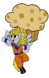 Size: 700x1100 | Tagged: safe, artist:zerohenry, derpy hooves, pegasus, pony, g4, dragon ball, dragon ball z, female, giant muffin, mare, muffin, parody, super saiyan