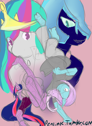 Size: 765x1051 | Tagged: safe, artist:penlink, nightmare moon, princess celestia, trixie, twilight sparkle, anthro, g4, 30 minute art challenge, dancing