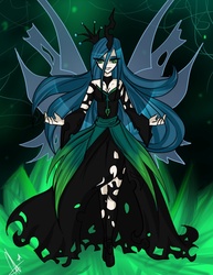 Size: 638x825 | Tagged: safe, artist:neferity, queen chrysalis, human, g4, clothes, dress, female, horn, horned humanization, humanized, skinny, solo, thin, winged humanization, wings