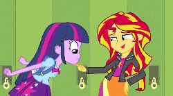 Size: 800x450 | Tagged: safe, screencap, sunset shimmer, twilight sparkle, equestria girls, g4, my little pony equestria girls, animated, duo, female