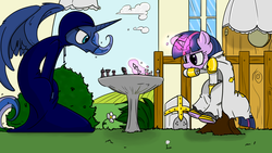 Size: 1920x1080 | Tagged: safe, artist:late, artist:saine grey, princess luna, twilight sparkle, g4, chess, chess with death, costume, crossover, death, parody, reference, the seventh seal