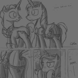 Size: 1024x1024 | Tagged: safe, artist:cs, fancypants, princess cadance, shining armor, comic:day-off, g4, comic, monochrome