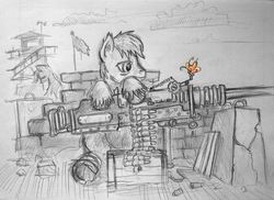 Size: 1024x745 | Tagged: safe, artist:agm, butterfly, earth pony, pony, machine gun, military, traditional art