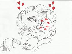 Size: 2261x1700 | Tagged: safe, artist:1motorhead1, rarity, spike, g4, female, heart, kiss mark, kissing, lipstick, male, ship:sparity, shipping, straight