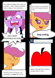 Size: 780x1093 | Tagged: safe, artist:notexisting, scootaloo, oc, g4, angry, apple, comic, diaper, filly, littleorphanscoots, miss hannigan, orphan, orphanage, tumblr, younger