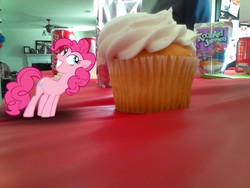 Size: 2048x1536 | Tagged: safe, artist:tokkazutara1164, pinkie pie, earth pony, human, pony, g4, balloon, ceiling fan, chair, coca-cola, coke, cupcake, fan, female, fireplace, irl, juice, kool-aid, mare, photo, ponies in real life, smiling, tiny, vector