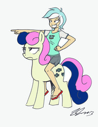 Size: 10200x13200 | Tagged: safe, artist:johnjoseco, artist:smg-73, bon bon, lyra heartstrings, sweetie drops, human, pony, g4, absurd resolution, bon bon is not amused, clothes, duo, female, humanized, humans riding ponies, lesbian, lyra riding bon bon, pointing, riding, sandals, ship:lyrabon, shipping, simple background, smiling, unamused, white background