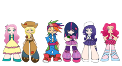 Size: 900x490 | Tagged: safe, artist:ladycarroll, applejack, fluttershy, pinkie pie, rainbow dash, rarity, twilight sparkle, human, g4, humanized, line-up, mane six, panty and stocking with garterbelt, style emulation