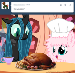 Size: 650x626 | Tagged: safe, artist:mixermike622, queen chrysalis, oc, oc:fluffle puff, changeling, changeling queen, turkey, tumblr:ask fluffle puff, g4, chef's hat, cooked, dead, female, food, hat, photo realistic, tumblr