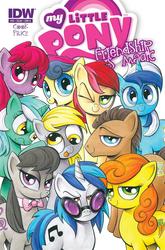 Size: 988x1500 | Tagged: safe, artist:andypriceart, idw, berry punch, berryshine, bon bon, carrot top, derpy hooves, dj pon-3, doctor whooves, golden harvest, lyra heartstrings, minuette, octavia melody, roseluck, sweetie drops, time turner, vinyl scratch, earth pony, pegasus, pony, unicorn, g4, andy you magnificent bastard, background pony, background six, background ten, cover, female, male, mare, red eyes, stallion, wrong eye color